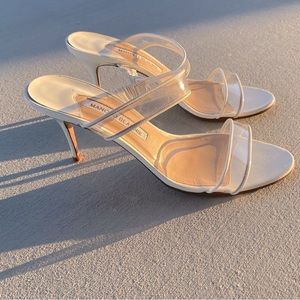 Manolo Blahnik | INVYMU | White Suede and PVC Open Toe Mules